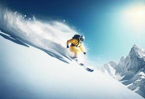 esquiador esquiar cuesta abajo en alto montañas durante soleado día. mezclado medios de comunicación generativo ai foto