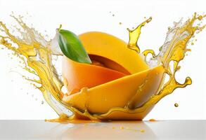 Mango fruit splashing isolated on white background with clipping path. photo