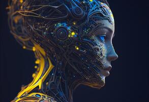 3d rendering of a female cyborg with digital circuit on her head photo