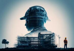 Silhouette of engineer looking at construction site. Engineering concept. Double exposure photo