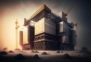 Construction site with cranes and building materials. 3d rendering. photo