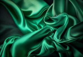 Green satin fabric background close up. Luxurious background design. photo