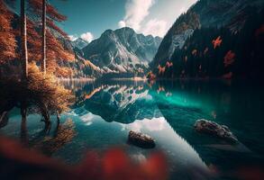 otoño paisaje con lago y montañas en el antecedentes. lago en el montañas. generativo ai foto