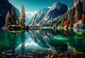 otoño paisaje con lago y montañas en el antecedentes. lago en el montañas. generativo ai foto