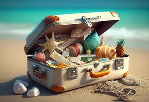 Travel suitcase with travel stuff on the beach. 3d illustration. photo