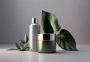 Cosmetic bottle with green leaves on a gray background. 3D rendering photo