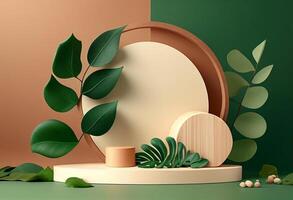 3d render of minimal display podium with tropical plants and flowers. photo