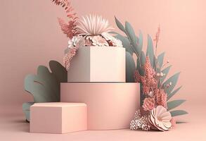 3d render of minimal display podium with tropical plants and flowers. photo