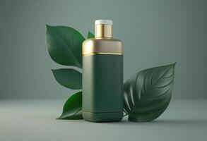 Cosmetic bottle with green leaves on a gray background. 3D rendering photo