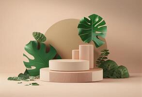 3d render of minimal display podium with tropical plants and flowers. photo