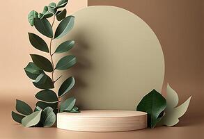 3d render of minimal display podium with tropical plants and flowers. photo