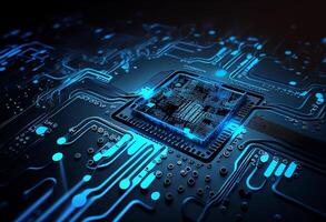 Circuit board futuristic technology background. blue 3d rendering toned image generative ai photo