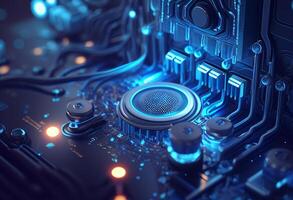 Circuit board futuristic technology background. blue 3d rendering toned image photo