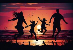 silueta de un contento familia saltando en el playa a puesta de sol generativo ai foto