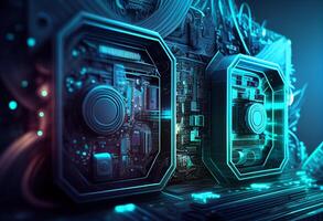 Circuit board futuristic technology background. blue 3d rendering toned image photo