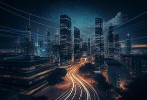 Abstract image of modern city and network connection concept. 3D Rendering photo