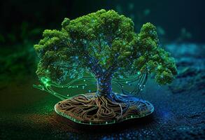 Circuit board with tree and microcircuit. 3d illustration photo