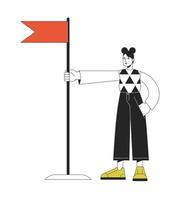 Confident girl with red flag linear flat color vector character. Goal achievement. Editable figure. Full body person on white. Thin line cartoon spot illustration for web graphic design and animation