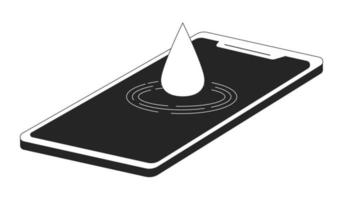 Water drop falling down on phone screen black and white concept vector spot illustration. Editable 2D flat monochrome cartoon object for web design. Waterproof line art idea for website, mobile, blog