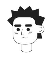 Irritated young man with prickly hair monochromatic flat vector character head. Black white avatar icon. Editable cartoon user portrait. Lineart ink spot illustration for web graphic design, animation