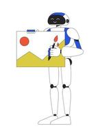 Satisfied humanoid robot with painting linear flat color vector character. Editable figure. Full body machine on white. Thin line cartoon style spot illustration for web graphic design and animation