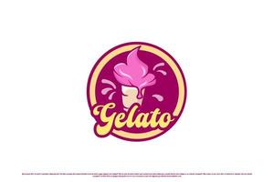 Strawberry gelato ice cream logo design illustration. Delicious gelato ice cream drink design stamp label lettering typography. Creative idea gelato ice cream cartoon design. Ice cream gelato mascot. vector