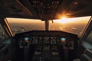 Cockpit of modern passenger jet aircraft. Pilots at work. Aerial view of modern city business district and sunset sky photo