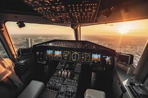 Cockpit of modern passenger jet aircraft. Pilots at work. Aerial view of modern city business district and sunset sky photo