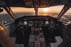 Cockpit of modern passenger jet aircraft. Pilots at work. Aerial view of modern city business district and sunset sky photo