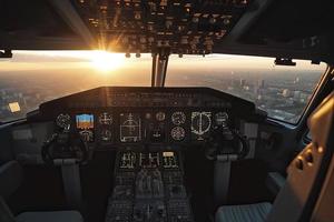 Cockpit of modern passenger jet aircraft. Pilots at work. Aerial view of modern city business district and sunset sky photo