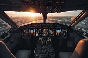 Cockpit of modern passenger jet aircraft. Pilots at work. Aerial view of modern city business district and sunset sky photo