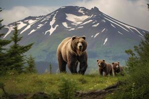 marrón oso y dos cachorros en contra un bosque y montaña fondo a Katmai nacional parque, Alaska foto