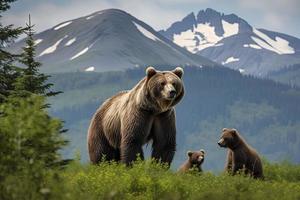 Brown Bear and Two Cubs against a Forest and Mountain Backdrop at Katmai National Park, Alaska photo