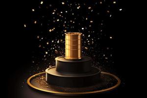Golden podium with a spotlight on a dark background, falling golden confetti, first place, fame and popularity photo