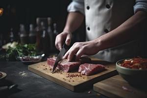 Cook cuts meat with a knife in the kitchen prepares food. Vegetables and spices on the kitchen table in a restaurant to prepare a delicious lunch photo