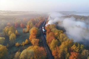 Aerial view of freight train in beautiful forest in fog at sunrise in autumn. Colorful landscape with railroad photo