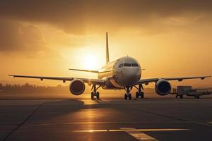 Huge two storeys commercial jetliner taking of runway. Modern and fastest mode of transportation photo