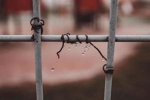 mist drops on cobwebs on a metal fence on a cold autumn day photo