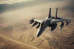 aerial high view of a generic military fighter jet crosses over a target bombing location during a special operation photo