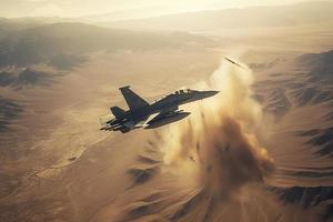 aerial high view of a generic military fighter jet crosses over a target bombing location during a special operation photo