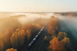 Aerial view of freight train in beautiful forest in fog at sunrise in autumn. Colorful landscape with railroad photo