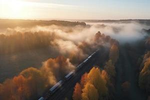 Aerial view of freight train in beautiful forest in fog at sunrise in autumn. Colorful landscape with railroad photo