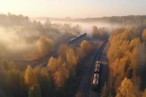 Aerial view of freight train in beautiful forest in fog at sunrise in autumn. Colorful landscape with railroad photo