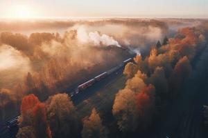 Aerial view of freight train in beautiful forest in fog at sunrise in autumn. Colorful landscape with railroad photo