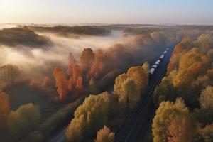 aéreo ver de carga tren en hermosa bosque en niebla a amanecer en otoño. vistoso paisaje con ferrocarril foto