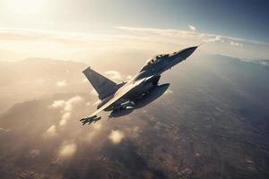 aerial high view of a generic military fighter jet crosses over a target bombing location during a special operation photo