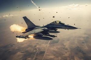 aerial high view of a generic military fighter jet crosses over a target bombing location during a special operation photo