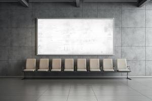 Front view on blank white poster with space for your logo or text on dark gray stone wall in stylish empty airport waiting area hall with stylish seat rows and wooden floor photo