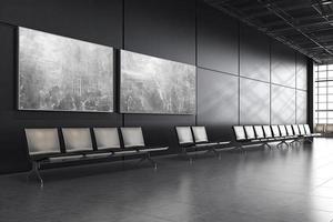 Front view on blank white poster with space for your logo or text on dark gray stone wall in stylish empty airport waiting area hall with stylish seat rows and wooden floor photo