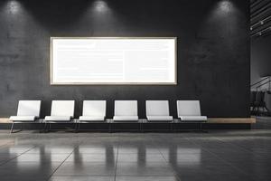 Front view on blank white poster with space for your logo or text on dark gray stone wall in stylish empty airport waiting area hall with stylish seat rows and wooden floor photo